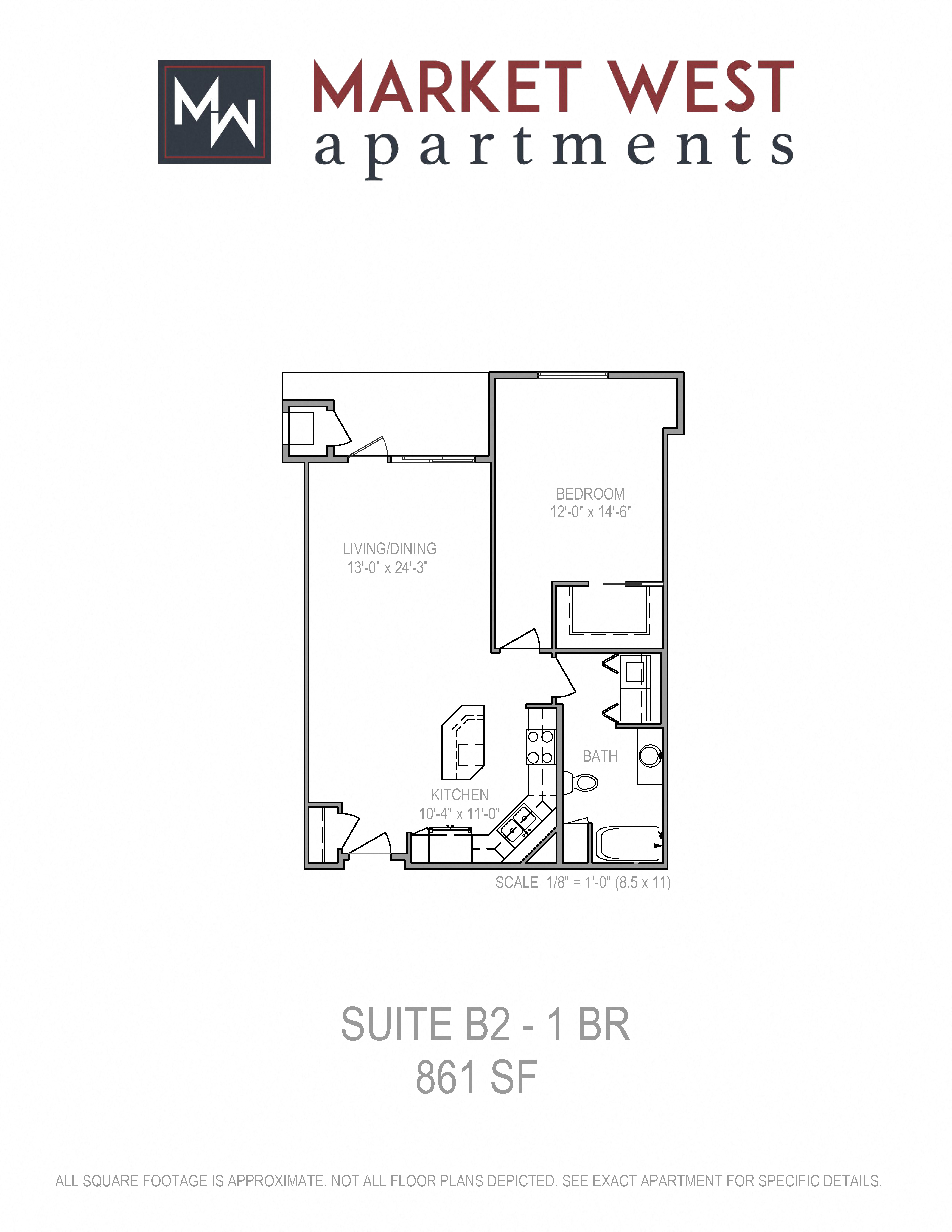 Floor plan for 1 bed, 1 bath, 861 sqft